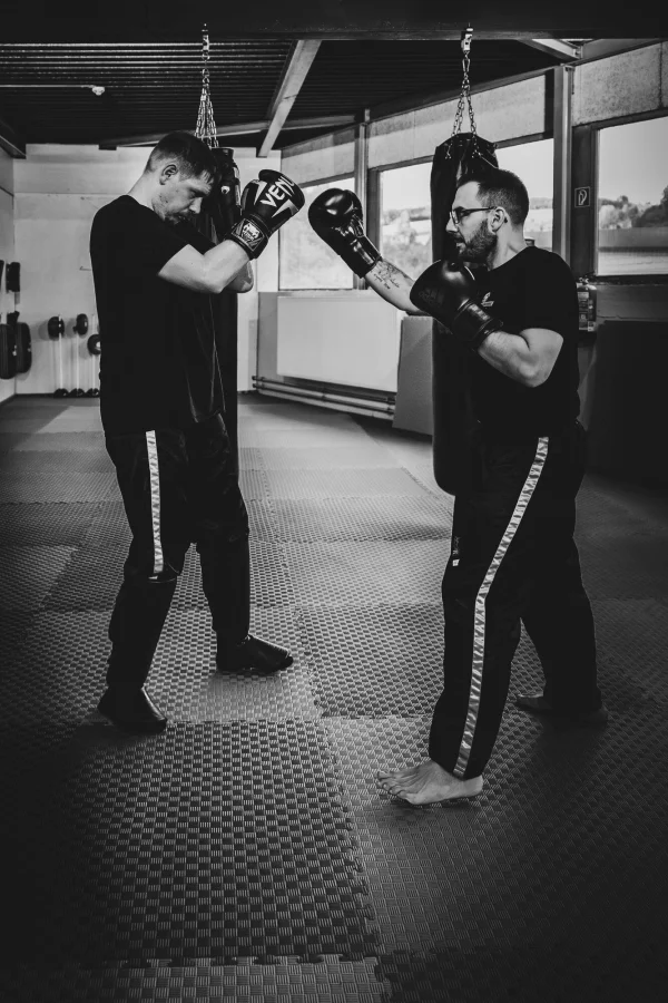 Sparring mit Handschuhen (schwarzweiß)